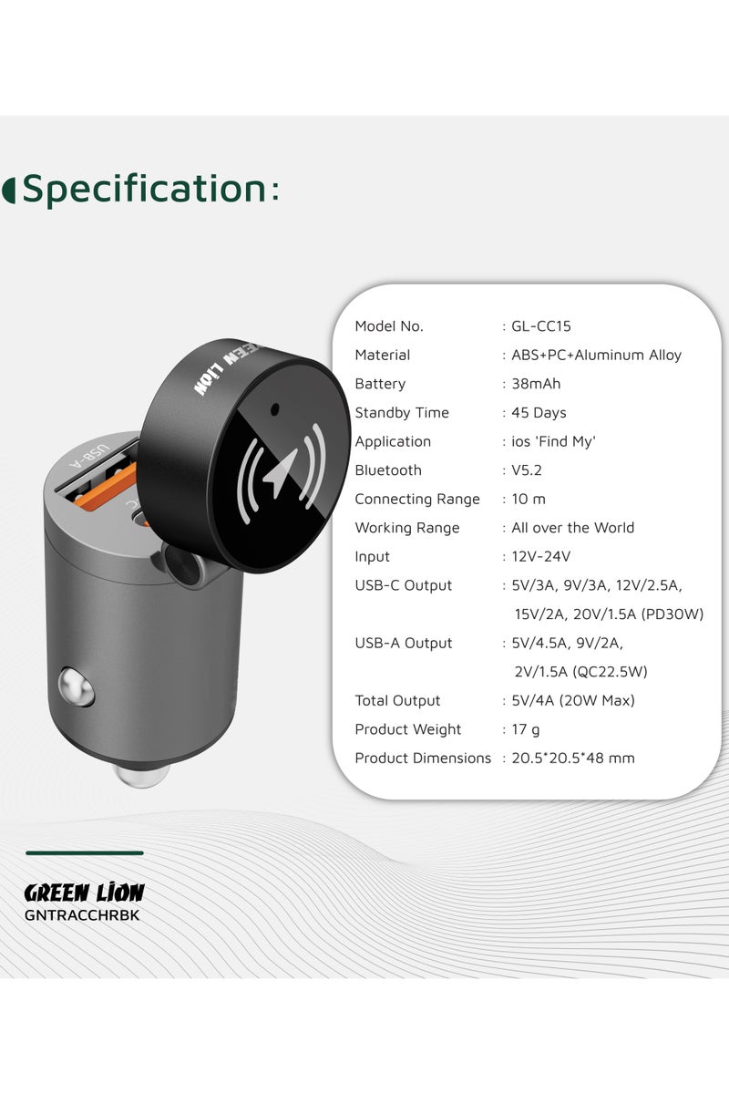 GREEN LION Tracker Dual Port Car Charger with 45 Days Standby &Heat Dissipation / Type-C , USB-A Port / PD 30W Output , QC 18W Max / Application iOS 'Find My' / Connecting Range 10m - Black - Image 5