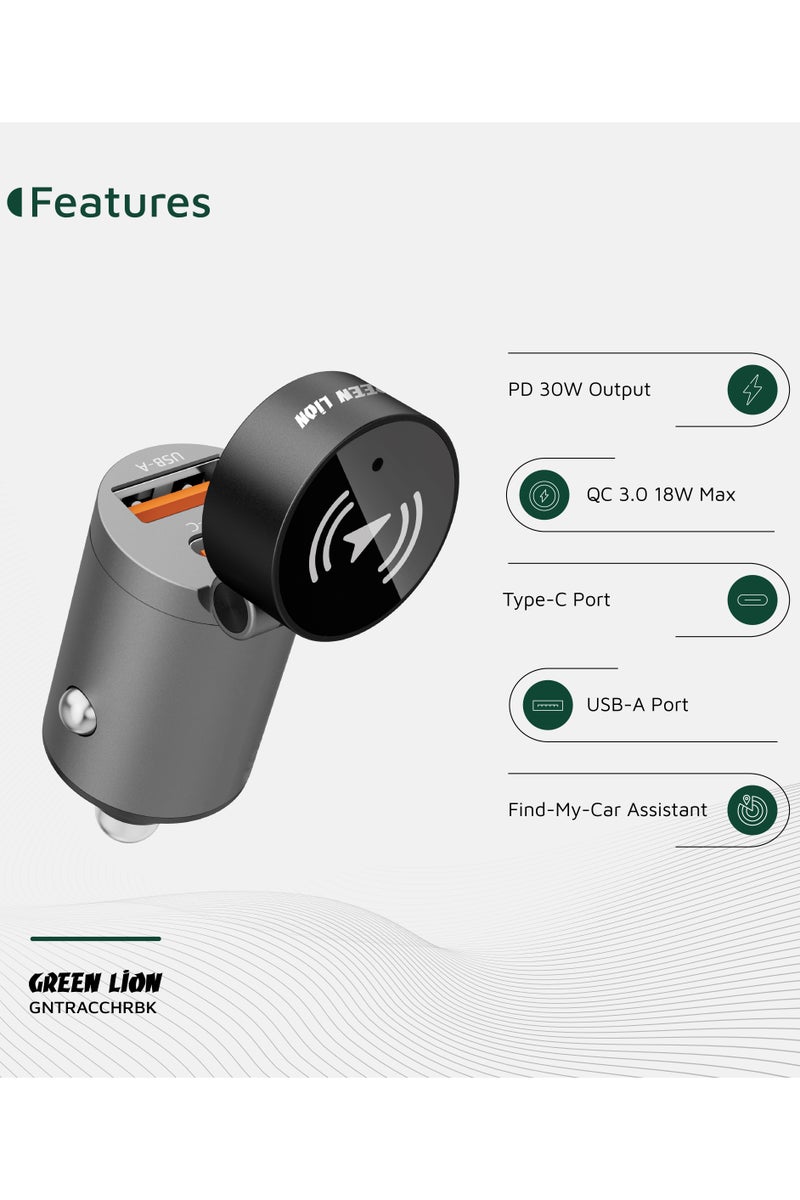 GREEN LION Tracker Dual Port Car Charger with 45 Days Standby &Heat Dissipation / Type-C , USB-A Port / PD 30W Output , QC 18W Max / Application iOS 'Find My' / Connecting Range 10m - Black - Image 4