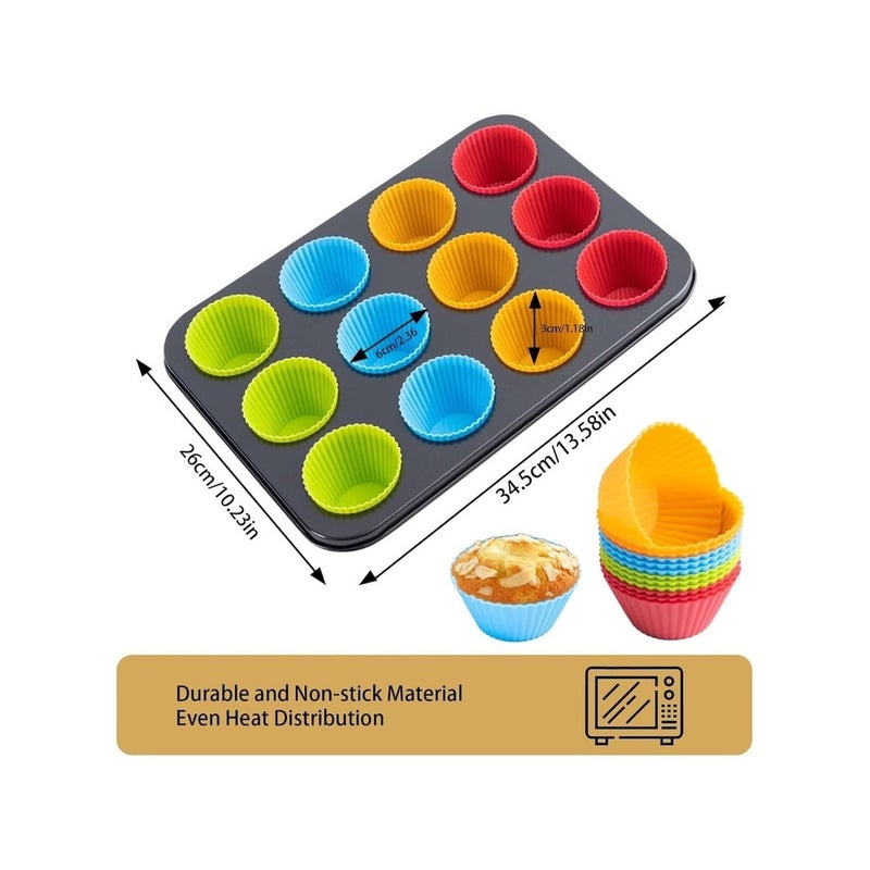 12 Cup Muffin and Cupcake Baking Pan – Reusable Non-Stick Alloy Cake Mold with 12 Colored Silicone Cups – Standard Size Cupcake Tray for Muffins, Cupcakes, Mini Cakes, Desserts and Home Kitchen Baking Supplies - Image 2