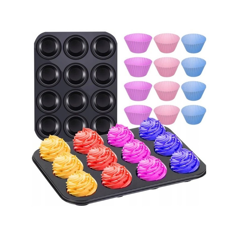 12 Cup Muffin and Cupcake Baking Pan – Reusable Non-Stick Alloy Cake Mold with 12 Colored Silicone Cups – Standard Size Cupcake Tray for Muffins, Cupcakes, Mini Cakes, Desserts and Home Kitchen Baking Supplies - Image 1