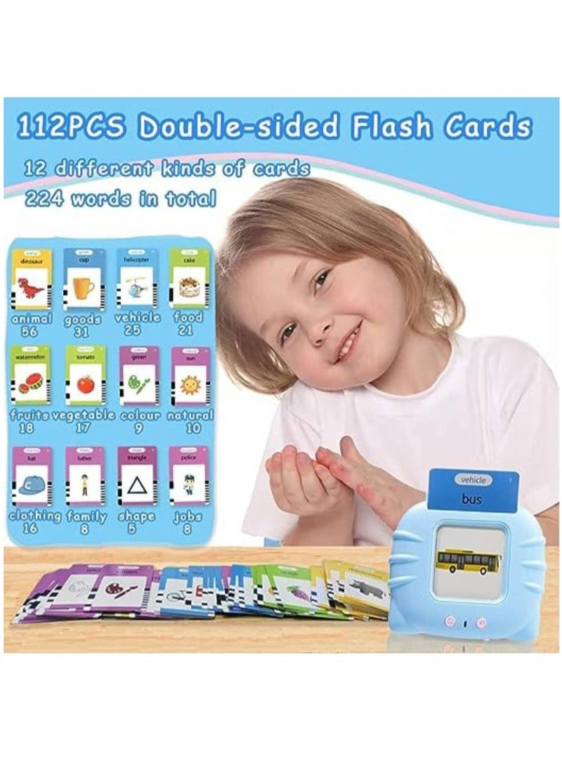 Educational Toy For Kids Listen and Learn Literacy Audible Flash Cards For Toddlers 1 2 3 4 5 6 Years Old Boys Girls Flashcards Device With 112 pcs Double Sided Cards 224 Words Blue Reader  - Image 3