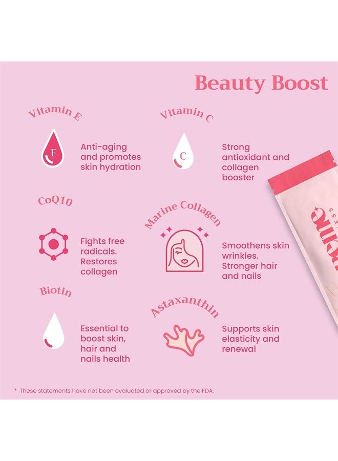 Beme BeRadiant Hydrolyzed Liquid Collagen Shot | Joint, Skin, Nail, & Hair Support in Convenient Sachet | 2500mg Hydrolyzed Fish Collagen Peptides + CoQ10 + Vitamin C | 30 Day Supply - Image 2