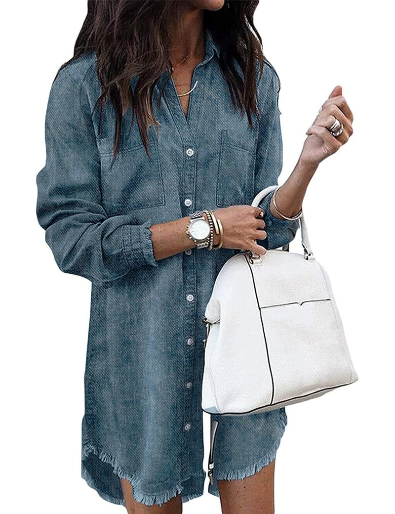Zilcremo Women Denim Shirt Dresses Long Sleeve Distressed Jean Dress Button Down Casual Tunic Top Washedblue L - Image 1