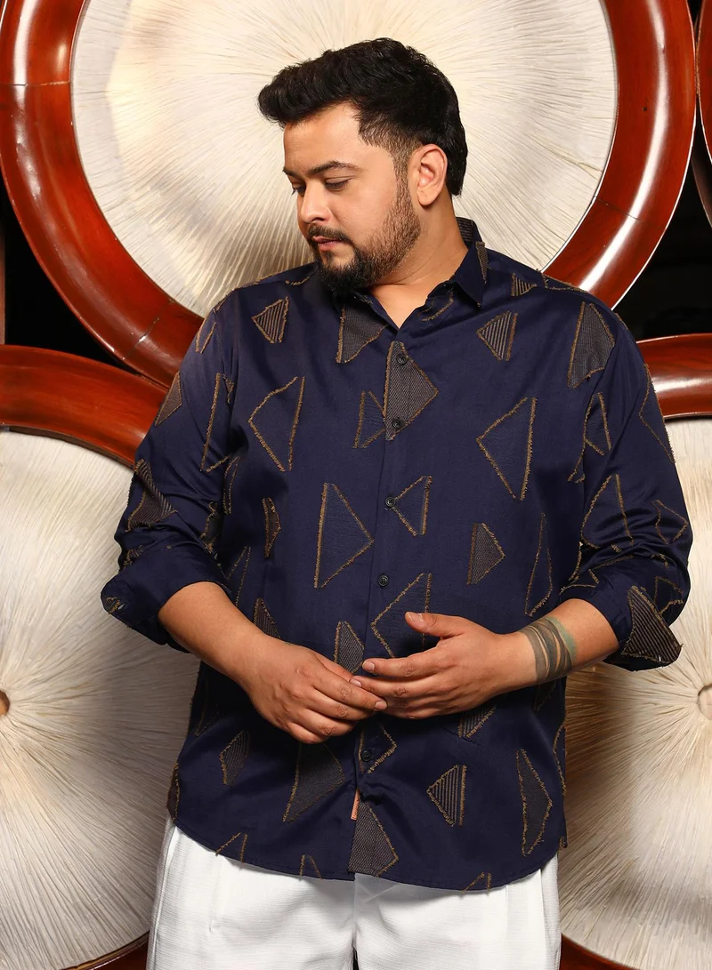 Instafab Plus Instafab Plus Men's Navy Blue Triangle Raw-Edge Shirt For Casual Wear | Spread Collar | Long Cuffed Sleeves | Button Closure | Plus Size Shirt Crafted With Comfort Fit For Everyday Wear