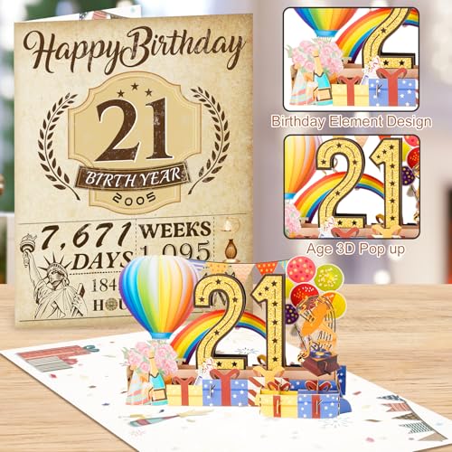 OLOSONG 21st Birthday Card for Girls Boys, 3D Pop Up 21st Birthday Gifts Cards, Happy 21 Birthdays Decorations for 21 Year Old Son Daughter, Funny Back In 2005, Classy Vintage - Image 4