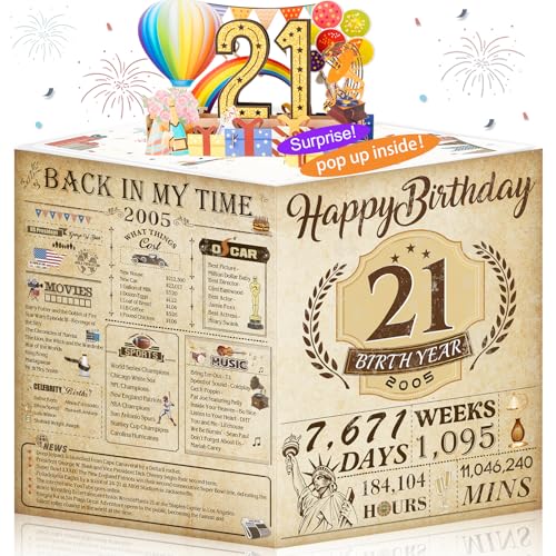 OLOSONG 21st Birthday Card for Girls Boys, 3D Pop Up 21st Birthday Gifts Cards, Happy 21 Birthdays Decorations for 21 Year Old Son Daughter, Funny Back In 2005, Classy Vintage - Image 1