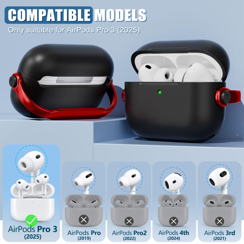 Wowwat for Airpods Pro 3 Case,Safety Lock Cases for Apple Airpod Pro 3 (2025) with Cleaner Kit, Drop Protection Air pods Pro3 Case Cover for Men for Women with Keychain,Black+Red - Image 2