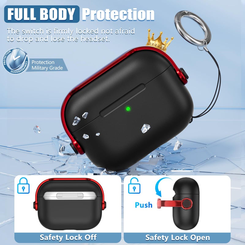 Wowwat for Airpods Pro 3 Case,Safety Lock Cases for Apple Airpod Pro 3 (2025) with Cleaner Kit, Drop Protection Air pods Pro3 Case Cover for Men for Women with Keychain,Black+Red - Image 4