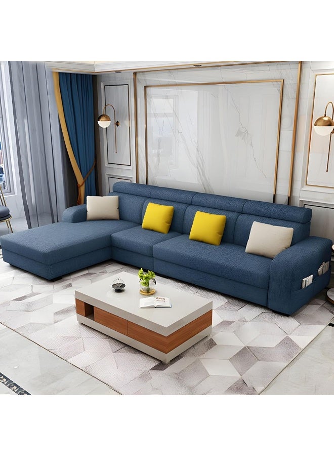 Poppins Home Stylish Retro 4-Seater Sofa with Chaise Lounge  Square Arm Design in Premium Fabric Upholstery (Blue, RIGHT BED) - Image 1
