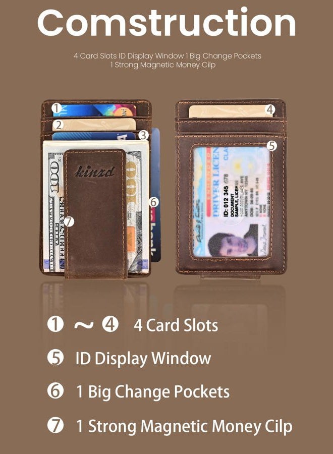 kinzd Money Clip, Front Pocket Wallet, Leather RFID Blocking Strong Magnet thin Wallet (Crazy Horse dark brown) - Image 3