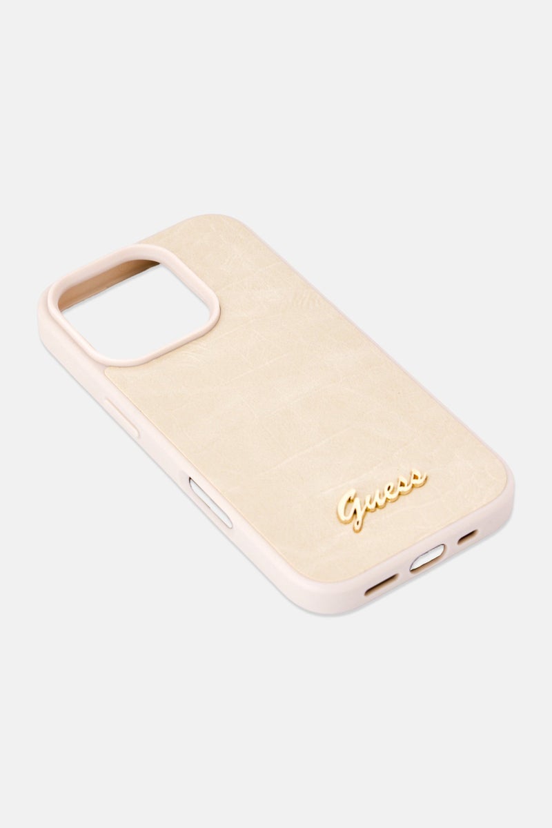GUESS iPhone 16 Pro Brand Logo PU Croco Hard Case, Beige - Image 3