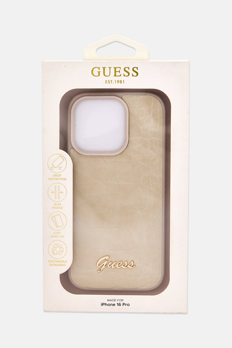 GUESS iPhone 16 Pro Brand Logo PU Croco Hard Case, Beige - Image 2