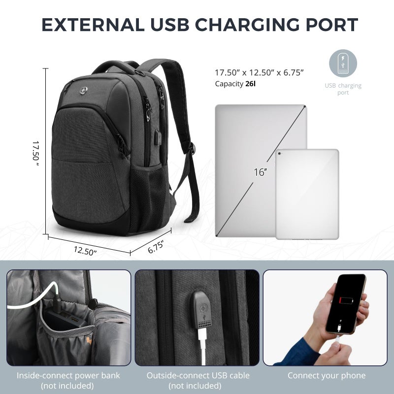 Swissdigital Design Travel Laptop Backpack for Men and Women, College Backpack with USB Charging Port for Fits 16 Inch Notebook, Grey | SD1670-02 - Image 3