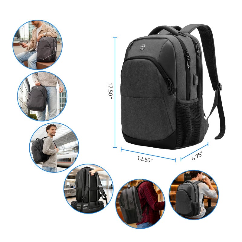 Swissdigital Design Travel Laptop Backpack for Men and Women, College Backpack with USB Charging Port for Fits 16 Inch Notebook, Grey | SD1670-02 - Image 5