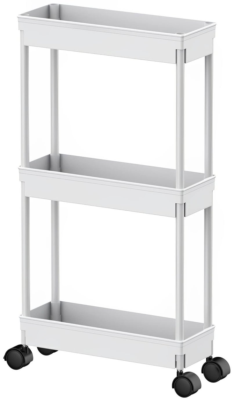 Sooyee 3 Tier Rolling Cart with WheelsSlim Storage CartUnder Desk Narrow Rolling Utility Cart Storage Organizer for Office Bathroom Kitchen Laundry Room Narrow Places White