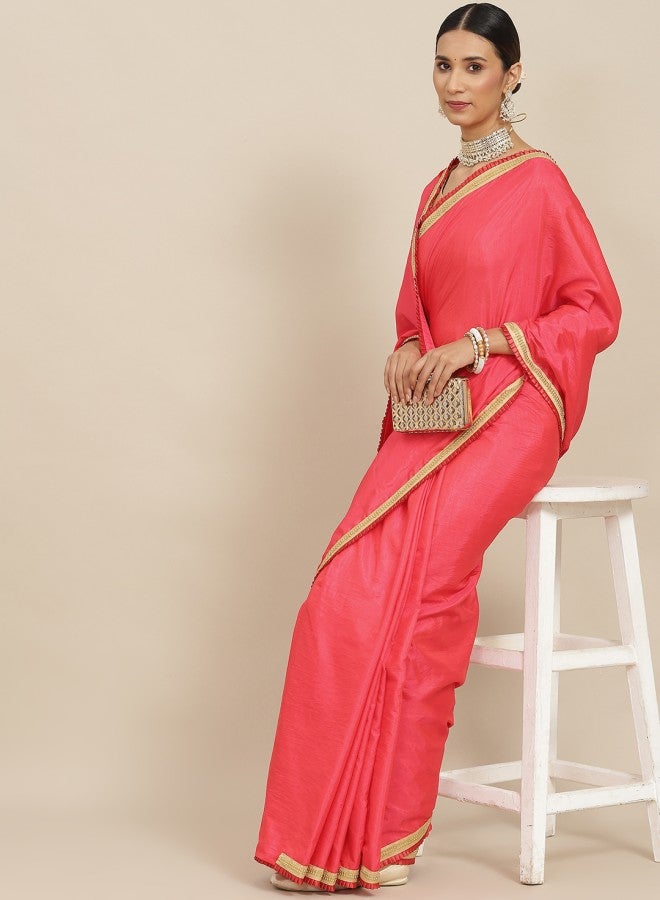 ISHIN Pink Beads And Stones Satin Saree  - Image 1