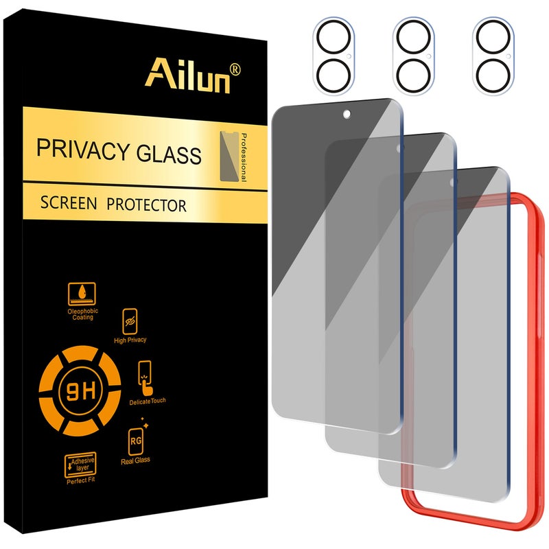 Ailun 3 Pack Privacy Screen Protector for iPhone 16 [6.1 inch] + 3 Pack Camera Lens Protector, Anti Spy Private Tempered Glass Film, Case Friendly, [9H Hardness][Not for iPhone 16e/16Pro/Plus/ProMax] - Image 1