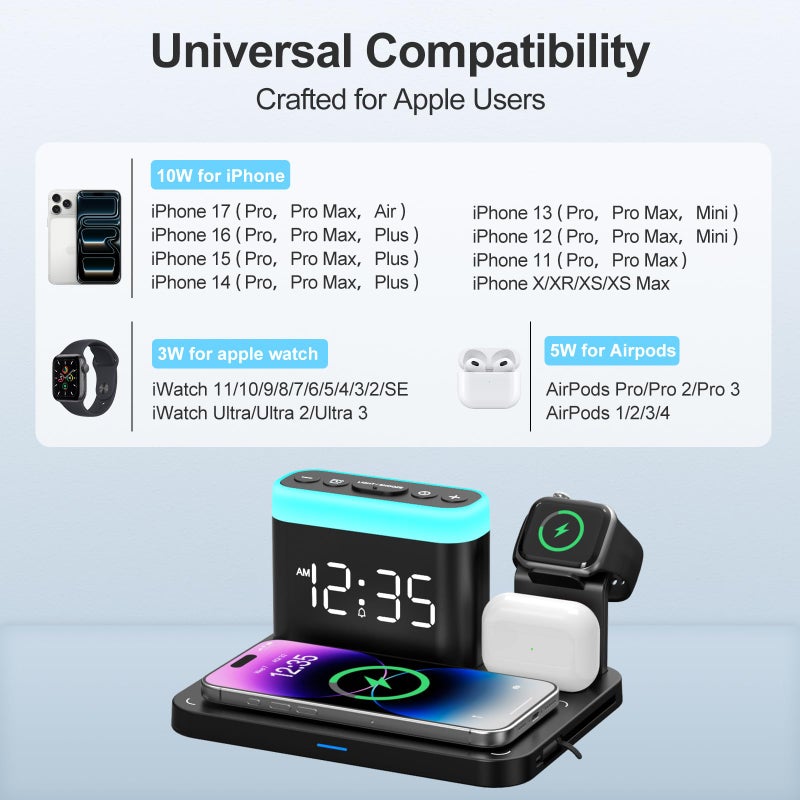 ANJANK Wireless Charging Station,5 in 1 Multiple Charger Stand with Alarm Clock,7 Night Light,Mag-Safe Charging Dock for iPhone 17 16 15 14 13 12 Pro Max Plus,Apple Watch 11/10/9/8,for Airpods,Bedroom - Image 3