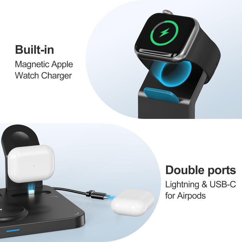 ANJANK Wireless Charging Station,5 in 1 Multiple Charger Stand with Alarm Clock,7 Night Light,Mag-Safe Charging Dock for iPhone 17 16 15 14 13 12 Pro Max Plus,Apple Watch 11/10/9/8,for Airpods,Bedroom - Image 5