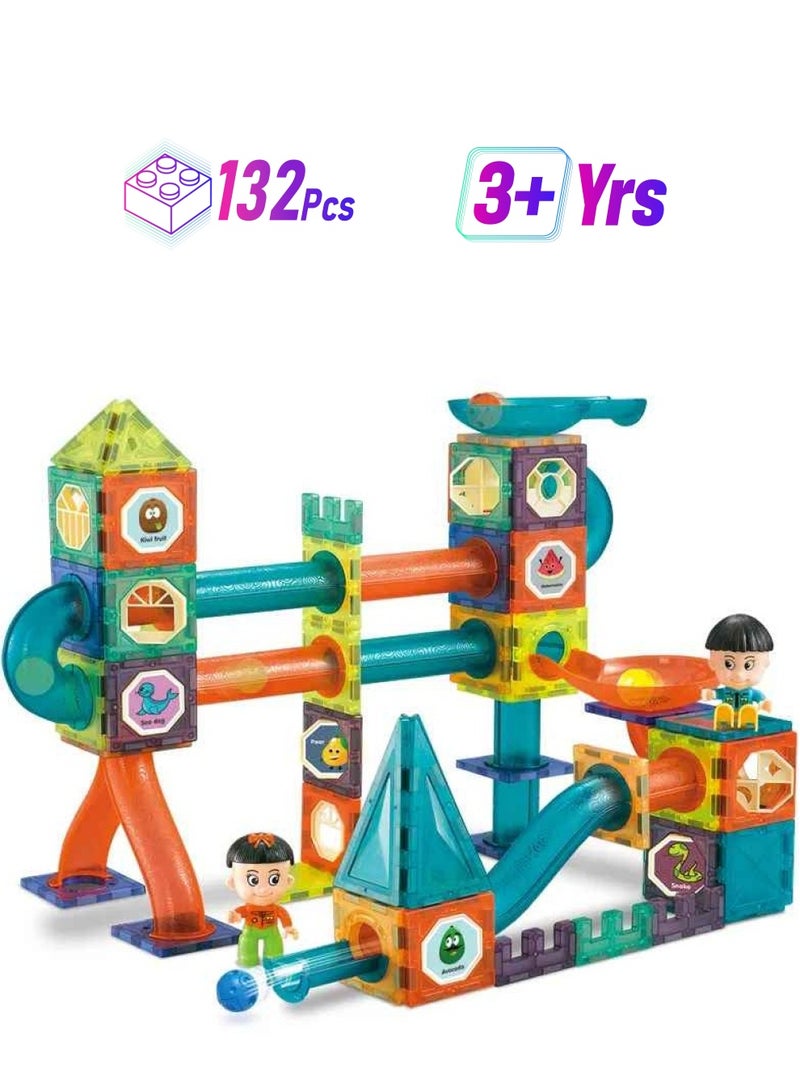 TEGRILO 132 Pieces Colorful Race Track Building Blocks, Educational Magnetic Tiles Toy Set. 3D Magnetic Marble Run Set Preschool Learning Construction Puzzle For Kids. - Image 1