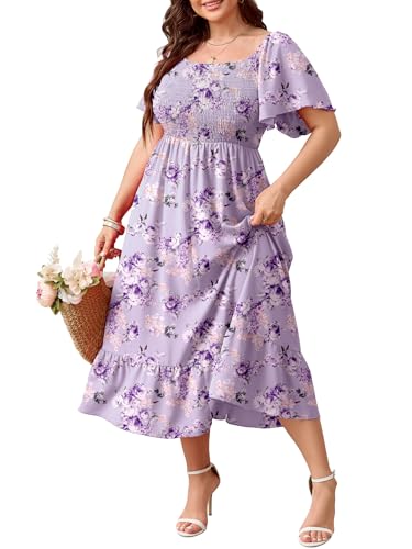 SCOMCHIC Women's Plus Size Summer Dress Casual Short Sleeve Scoop Neck Maxi Dress Smocked Ruffle Boho Flowy Long Dresses Purple Floral - Image 1