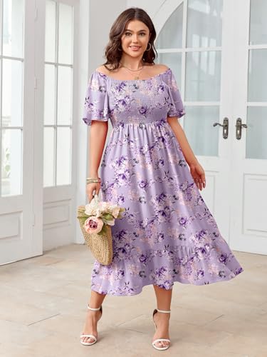 SCOMCHIC Women's Plus Size Summer Dress Casual Short Sleeve Scoop Neck Maxi Dress Smocked Ruffle Boho Flowy Long Dresses Purple Floral - Image 2