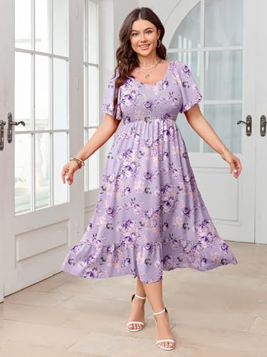 SCOMCHIC Women's Plus Size Summer Dress Casual Short Sleeve Scoop Neck Maxi Dress Smocked Ruffle Boho Flowy Long Dresses Purple Floral - Image 4