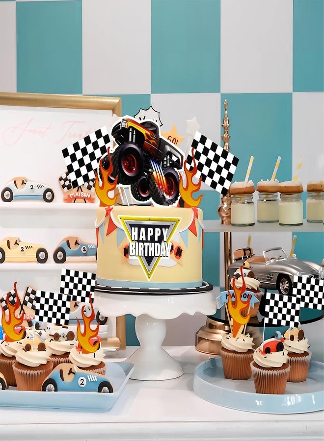 LEBERY Trucks Cake Topper Truck Cake Decorations Racing Car Checkered Flag Birthday Cake Cupcake Toppers For Kids Boys Truck Themed Racing Car Party Decorations Supplies - Image 5