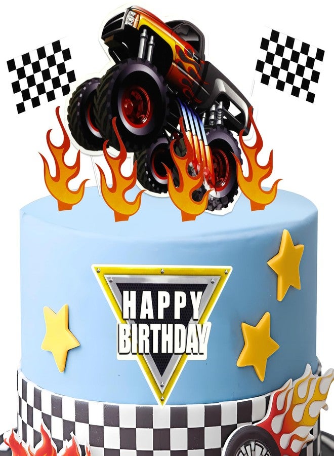 LEBERY Trucks Cake Topper Truck Cake Decorations Racing Car Checkered Flag Birthday Cake Cupcake Toppers For Kids Boys Truck Themed Racing Car Party Decorations Supplies - Image 1
