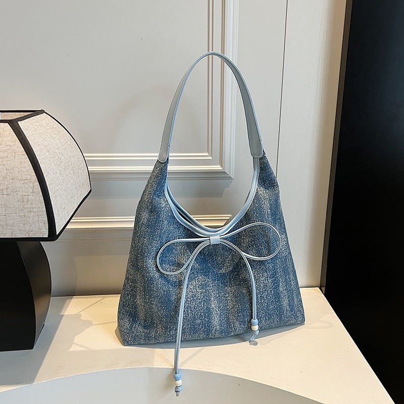 Fashionable Large-Capacity Commuter Casual Bow Versatile Tote Women'S Shoulder Underarm Bag Denim Color Women'S Bag - Image 1