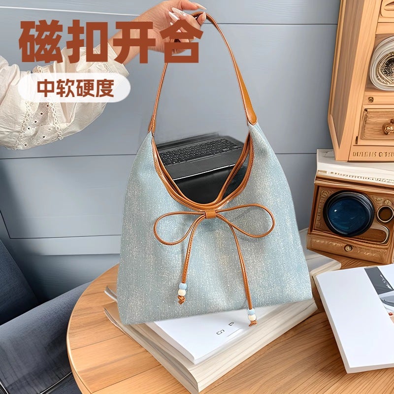 Fashionable Large-Capacity Commuter Casual Bow Versatile Tote Women'S Shoulder Underarm Bag Denim Color Women'S Bag - Image 2