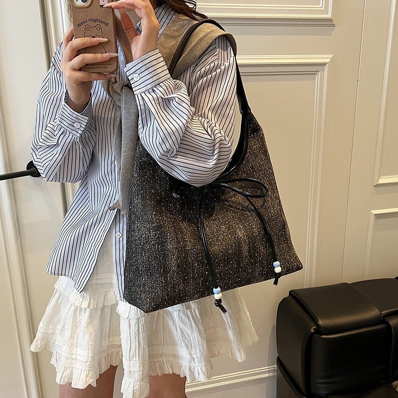 Fashionable Large-Capacity Commuter Casual Bow Versatile Tote Women'S Shoulder Underarm Bag Denim Color Women'S Bag - Image 3