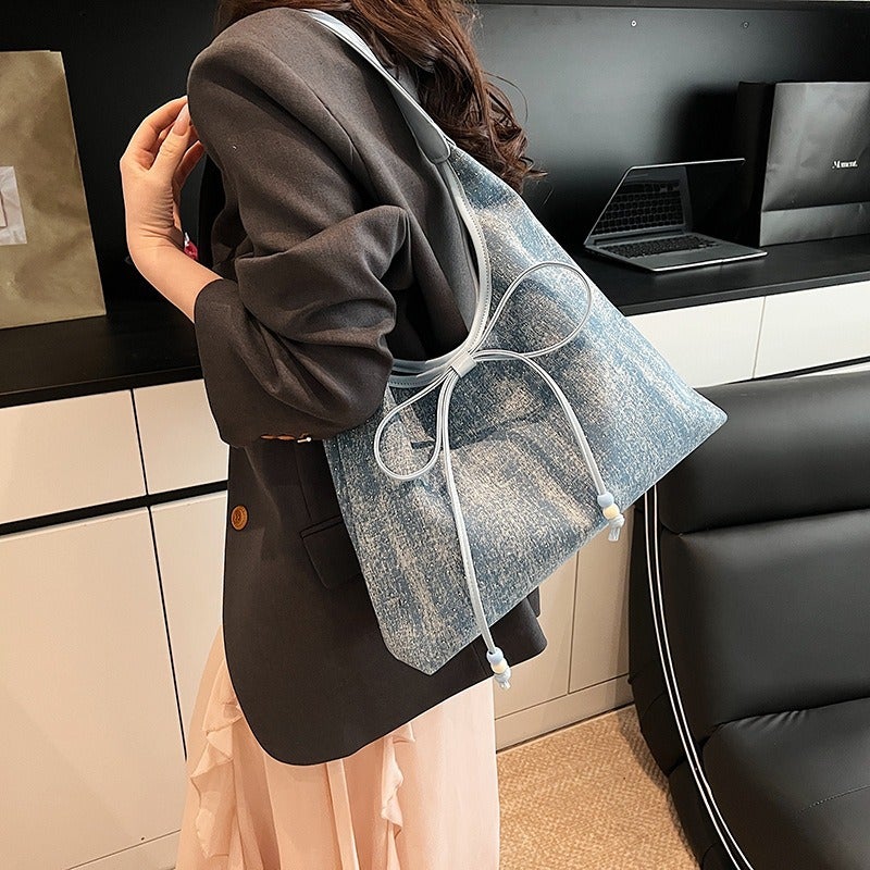 Fashionable Large-Capacity Commuter Casual Bow Versatile Tote Women'S Shoulder Underarm Bag Denim Color Women'S Bag - Image 5