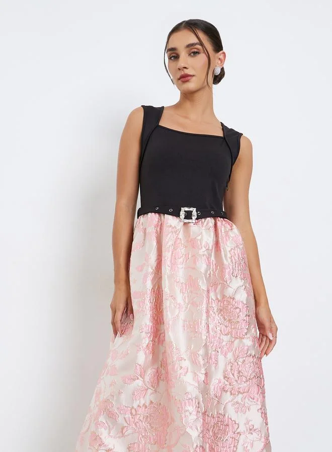Styli Pink Floral Belted Sleeveless Maxi Dress