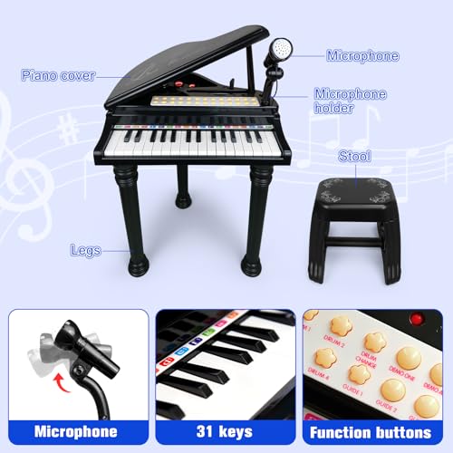 Love&Mini Piano Keyboard Toy for Kids - 31 Keys Toddlers Black Piano Toy with Microphone and Stool for Kids Age 3+ Years Old Girls Boys Birthday Gift - Image 3