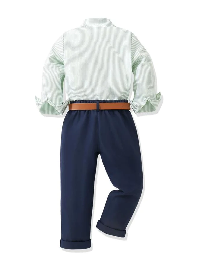 Take Two Boys Striped Long-Sleeve Shirt And Navy Trousers Set With Belt