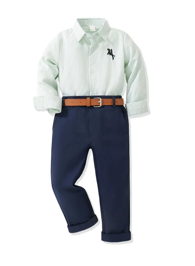 Take Two Boys Striped Long-Sleeve Shirt And Navy Trousers Set With Belt