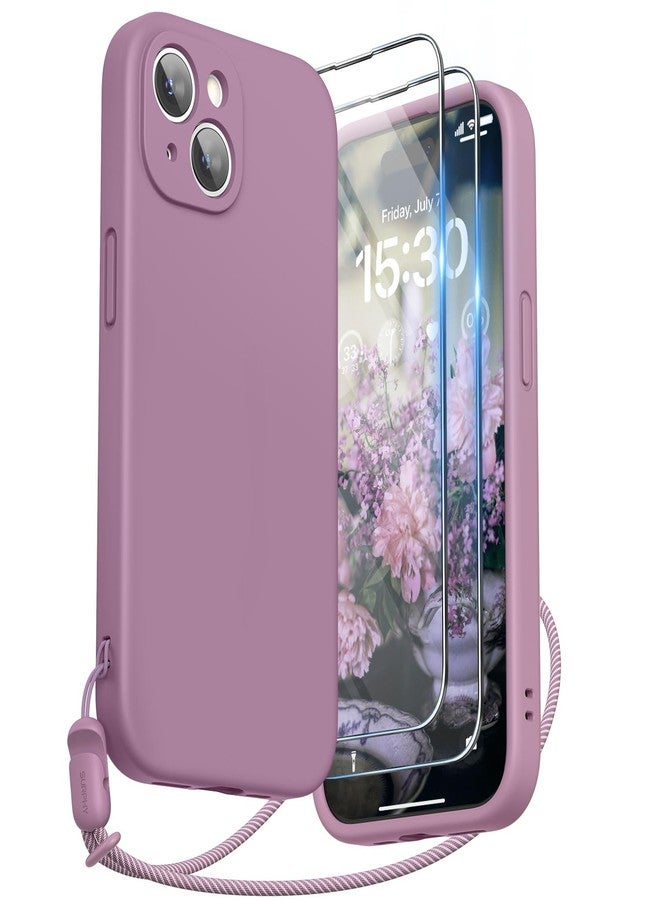 SURPHY Designed for iPhone 15 Case with Screen Protector and Lanyard, Phone Strap and Liquid Silicone Phone Case (Camera Protective + Soft Microfiber Lining) 6.1 inch 2023, Lilac Purple - Image 1
