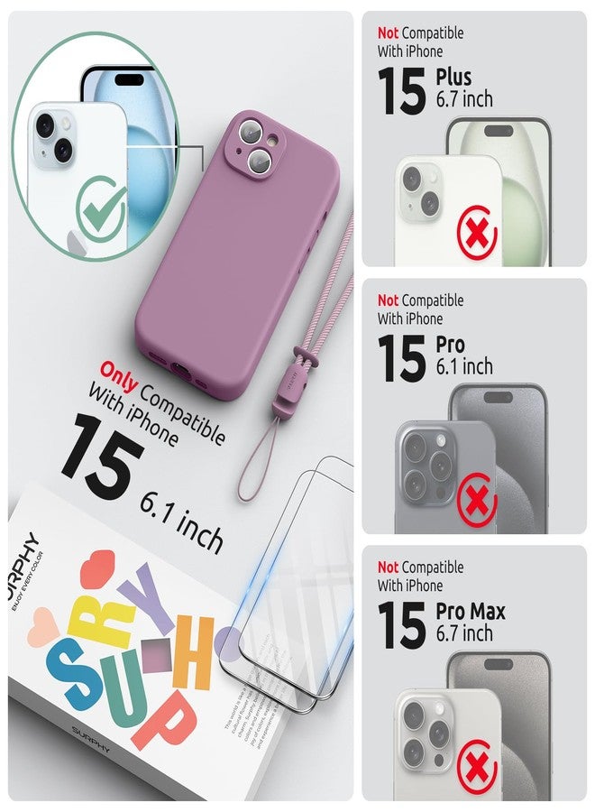 SURPHY Designed for iPhone 15 Case with Screen Protector and Lanyard, Phone Strap and Liquid Silicone Phone Case (Camera Protective + Soft Microfiber Lining) 6.1 inch 2023, Lilac Purple - Image 2