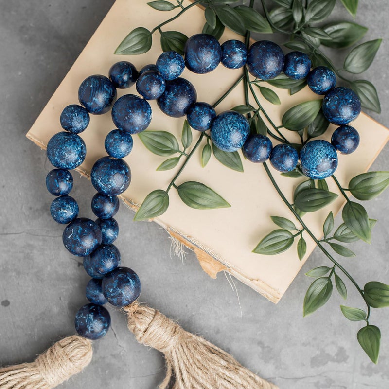 Fenisam Handcrafted Farmhouse Wooden Decorative Beads Garland  Table Tray Boho Wood Beads With Tassel  Small Rustic Antique Decor For Home And Events (32"" Rustic Blue) - Image 1