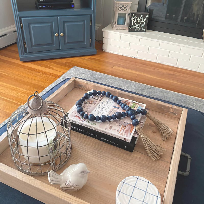 Fenisam Handcrafted Farmhouse Wooden Decorative Beads Garland  Table Tray Boho Wood Beads With Tassel  Small Rustic Antique Decor For Home And Events (32"" Rustic Blue) - Image 3