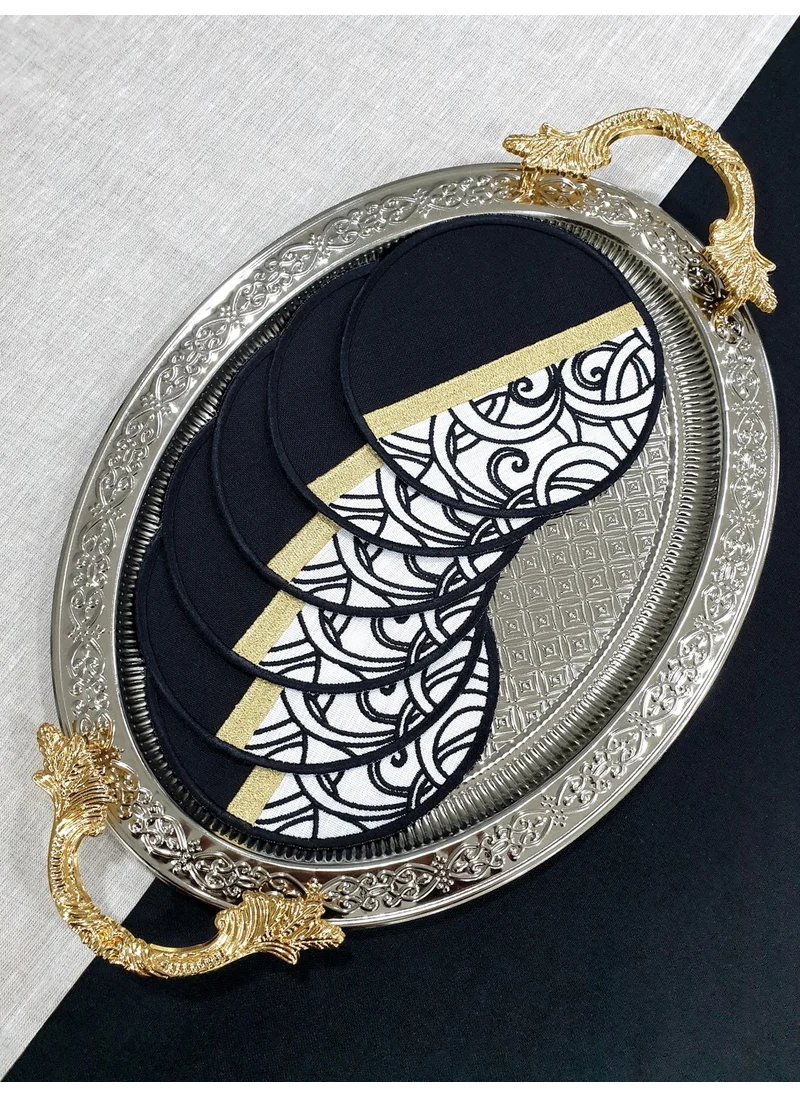 Tanem Home Black White Gold Embroidered Coasters, Cocktail and Presentation Napkin 6 Pieces