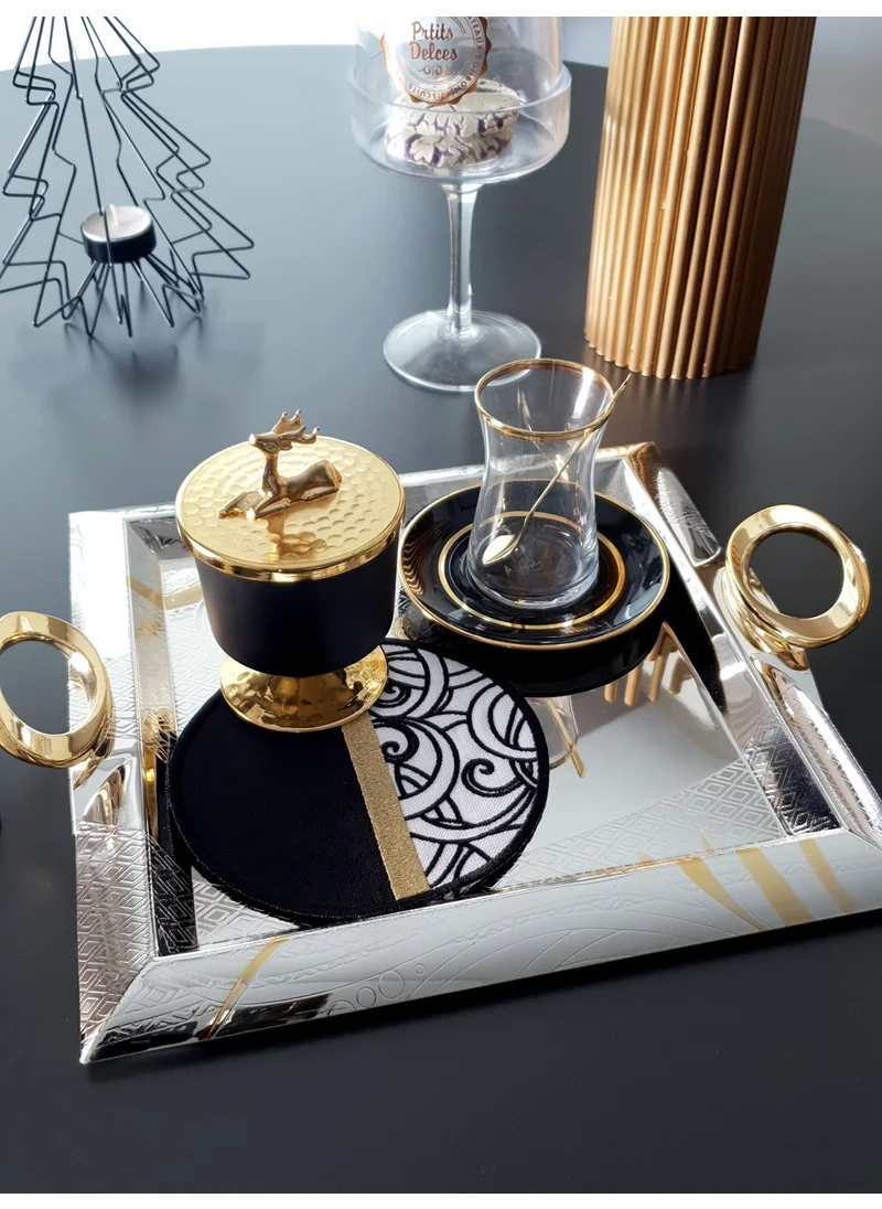 Tanem Home Black White Gold Embroidered Coasters, Cocktail and Presentation Napkin 6 Pieces