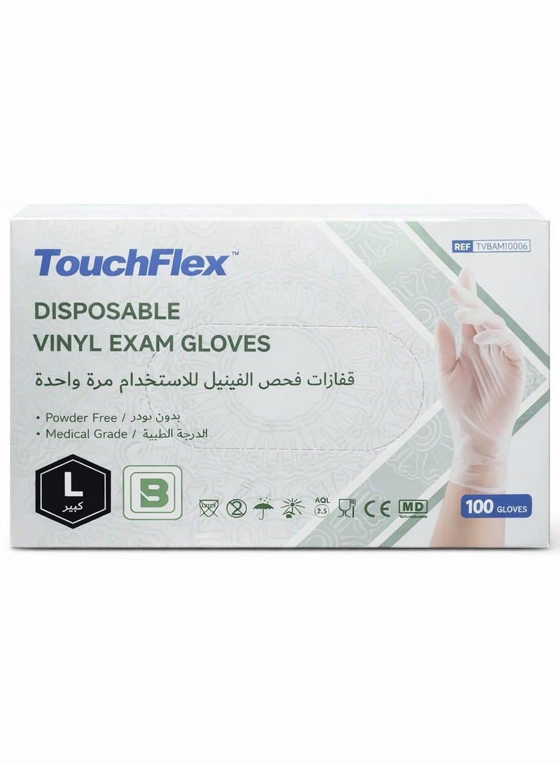 TouchFlex Disposable Vinyl Exam Gloves Large Powder Free Medical Grade Gloves for Cleaning, Food Handling & Medical Use Latex Free Protective Gloves Box of 100 - Image 2