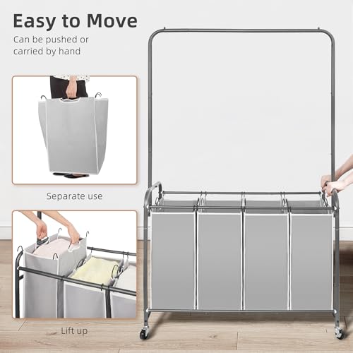 STORAGE MANIAC Laundry Sorter with Hanging Bar, Portable, Removable Laundry Hamper Cart with Heavy Duty Rolling Lockable Wheels and Removable Bags, Rolling Laundry Basket Organizer 181L, 4 Section - Image 4