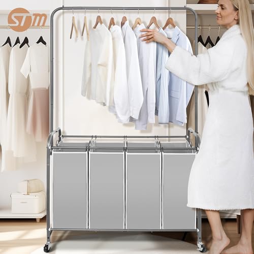 STORAGE MANIAC Laundry Sorter with Hanging Bar, Portable, Removable Laundry Hamper Cart with Heavy Duty Rolling Lockable Wheels and Removable Bags, Rolling Laundry Basket Organizer 181L, 4 Section - Image 5