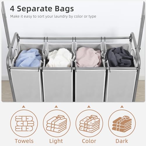STORAGE MANIAC Laundry Sorter with Hanging Bar, Portable, Removable Laundry Hamper Cart with Heavy Duty Rolling Lockable Wheels and Removable Bags, Rolling Laundry Basket Organizer 181L, 4 Section - Image 2