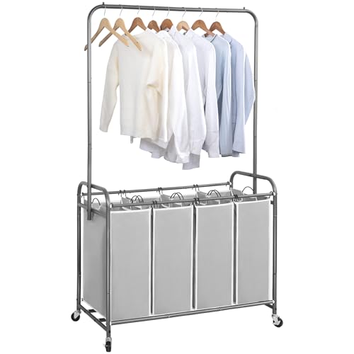 STORAGE MANIAC Laundry Sorter with Hanging Bar, Portable, Removable Laundry Hamper Cart with Heavy Duty Rolling Lockable Wheels and Removable Bags, Rolling Laundry Basket Organizer 181L, 4 Section - Image 1