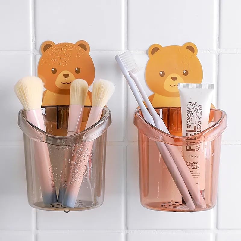 Shanaya SHANAYA Toothbrush Holder (Set of 2Pcs) Plastic Stand for Toothpaste, Comb, Brush, Cream, Lotion Kids Bathroom Cup Drain Waterproof Self-Adhesive, Teddy Bear - Image 1