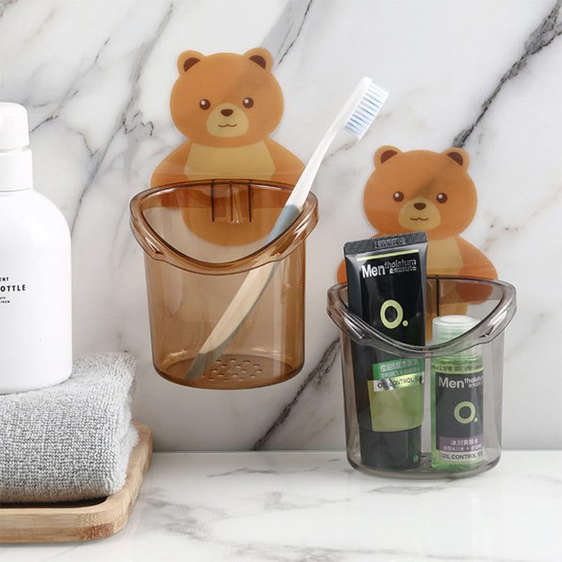 Shanaya SHANAYA Toothbrush Holder (Set of 2Pcs) Plastic Stand for Toothpaste, Comb, Brush, Cream, Lotion Kids Bathroom Cup Drain Waterproof Self-Adhesive, Teddy Bear - Image 2